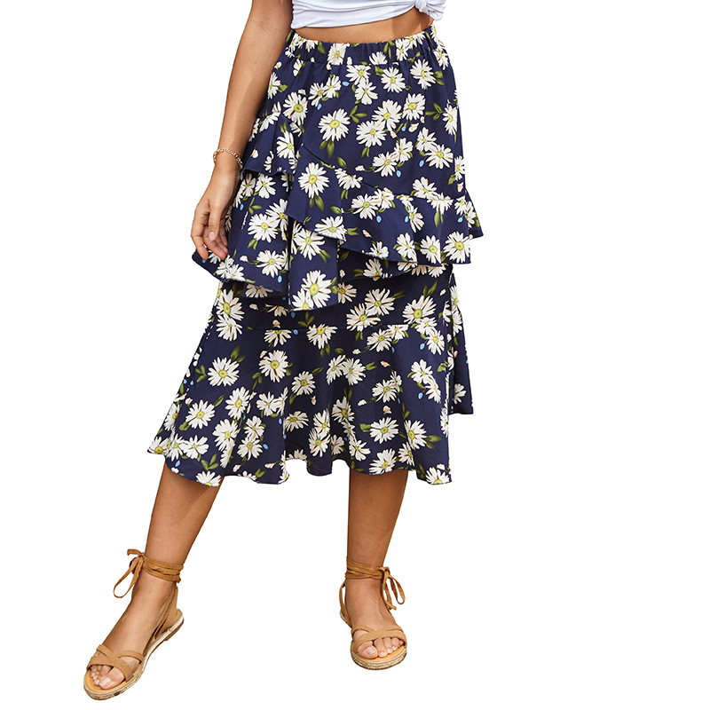 2021 new women's casual Leopard Chiffon Ruffle Irregular long skirt
