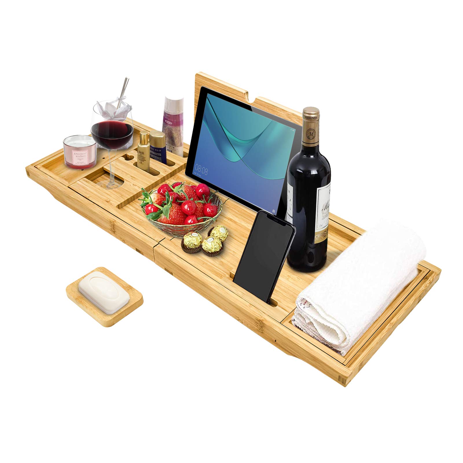 Free Sample Bathtub Caddy Tray, Premium Bamboo Bathtub Tray with Extendable Sides, Includes Book and Wine Holder