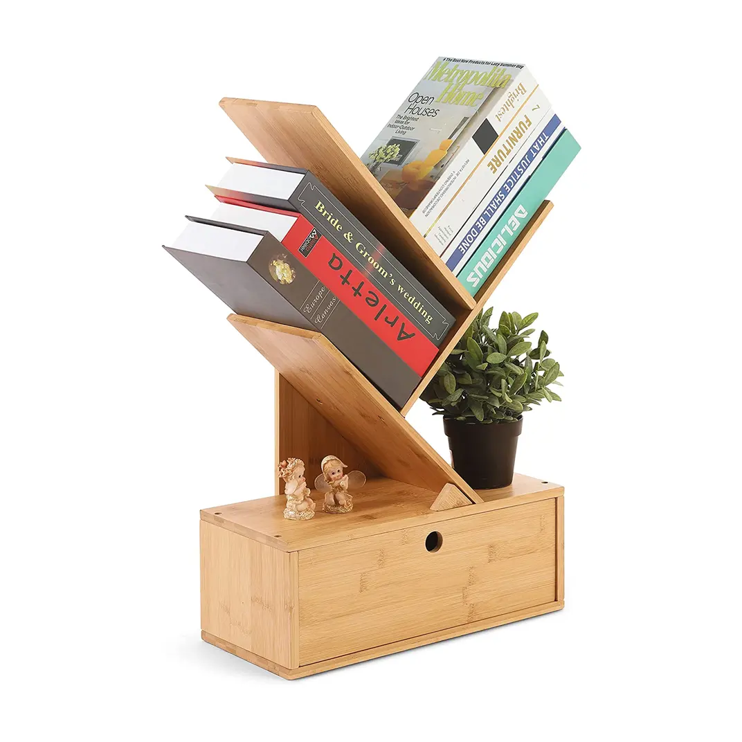 Wholesale Bamboo Wood Free-Standing Holder Organizer Tree Bookshelf Nordic4-Tier Small Book Rack Shelf