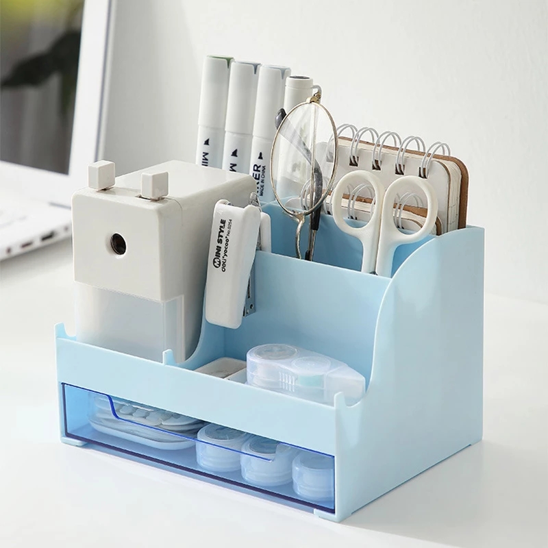 Large Capacity Desk Accessories Pen Holder With Drawer Pencil Storage Box Desktop Organizer School Office Stationery