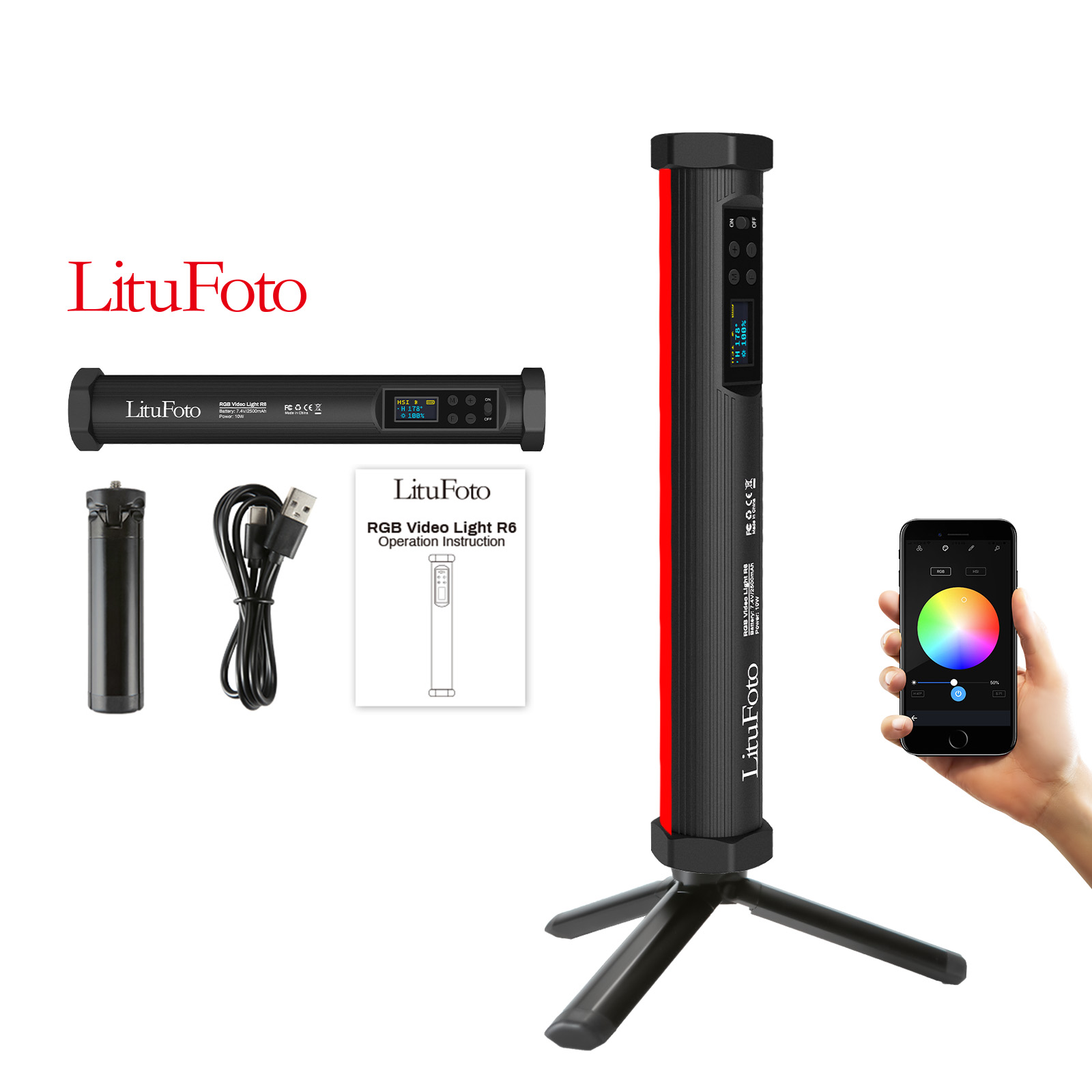 Litufoto R6 rgb tube led photography wand Photographic Lighting studio light vlogging youtube selfie video light with tripod