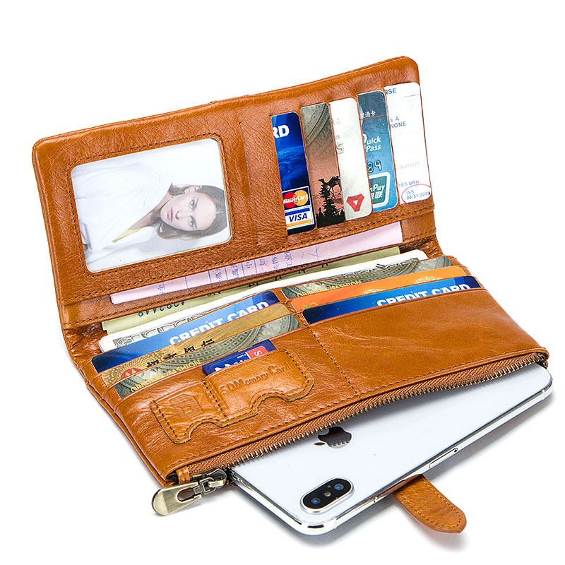 HUMERPAUL RFID Genuine Wallets Leather Woman Cow Leather Zipper Ladies Purse Two Fold Green/Brown Women Clutch Purse