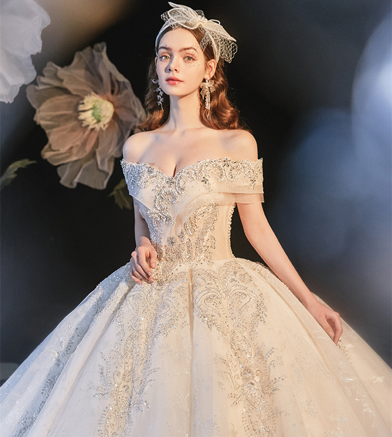 Fashion elegant off shoulder wedding dresses new sweep trailing champagne one-shoulder sequin princess style wedding dress