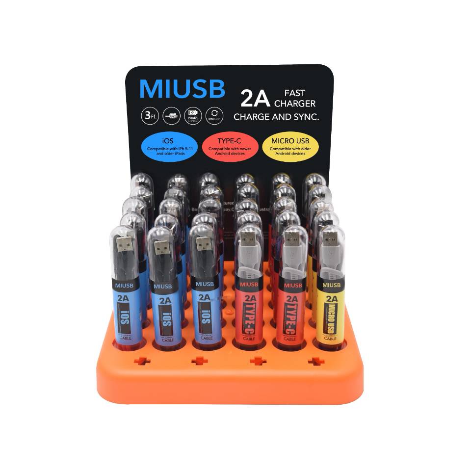 Wholesale USB Cable Show Case With 30pcs Portable Fast Charger Cord Micro Usb Cable with Tube Display PVC/Cloth/Braided Cable