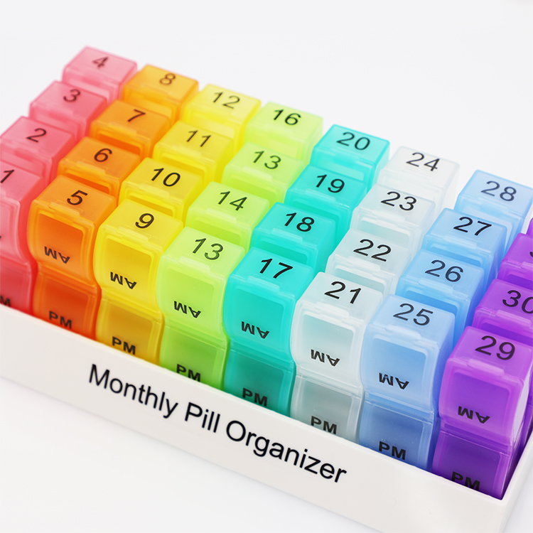 Rectangle rainbow plastic monthly 28days medicine Easy Open am pm Vitamin organizers Tablet Compartments daily pill box
