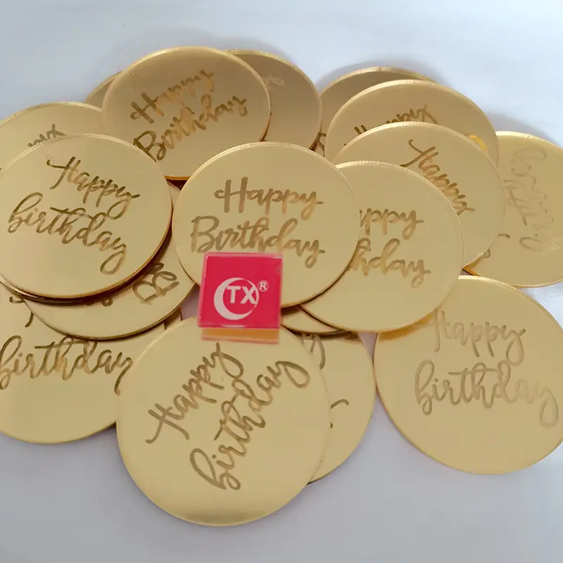 Happy Birthday Laser Mark Shiny Gold Mirror Disc Charm Cupcake Round Acrylic Disk Topper For Dessert Gift Box Decor