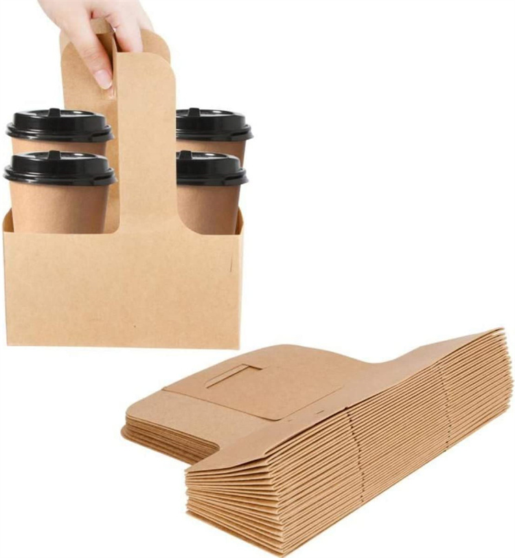 Custom Logo Printing Recycled 4 cups Drink Take Out To-go Paper cup holder Tray With Handle For Delivery cup holder