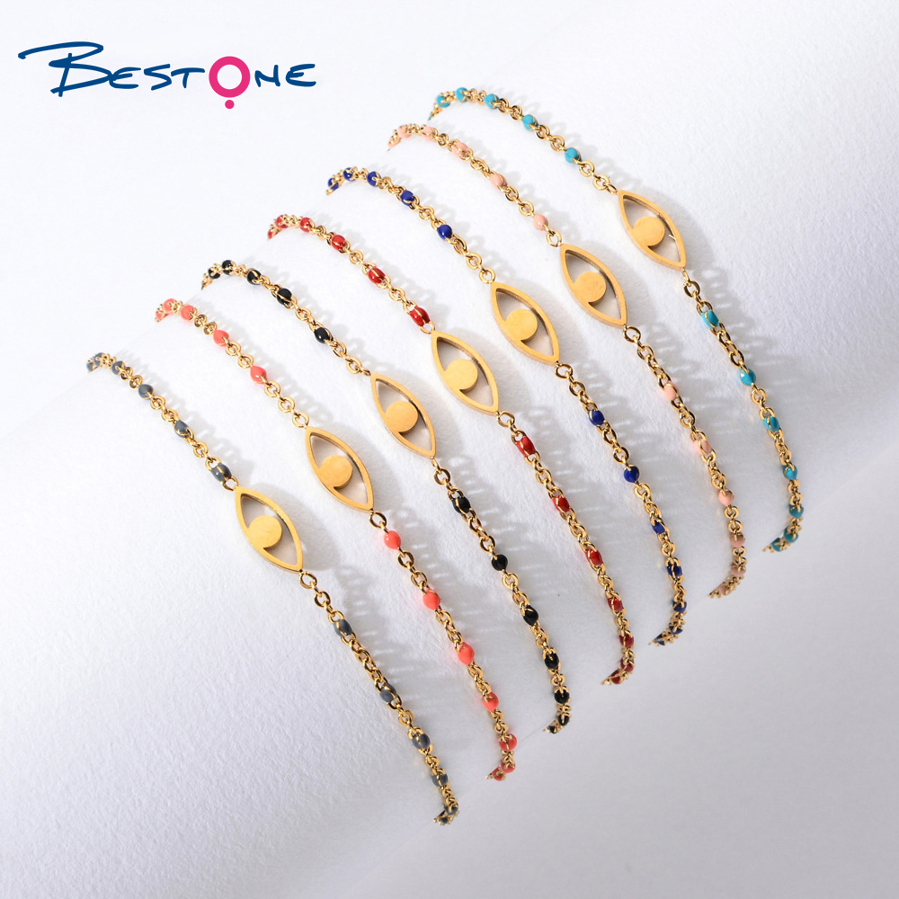 Bestone Custom Wholesale Simple Letter Moon Eye Charms Stainless Steel Bracelets for Women