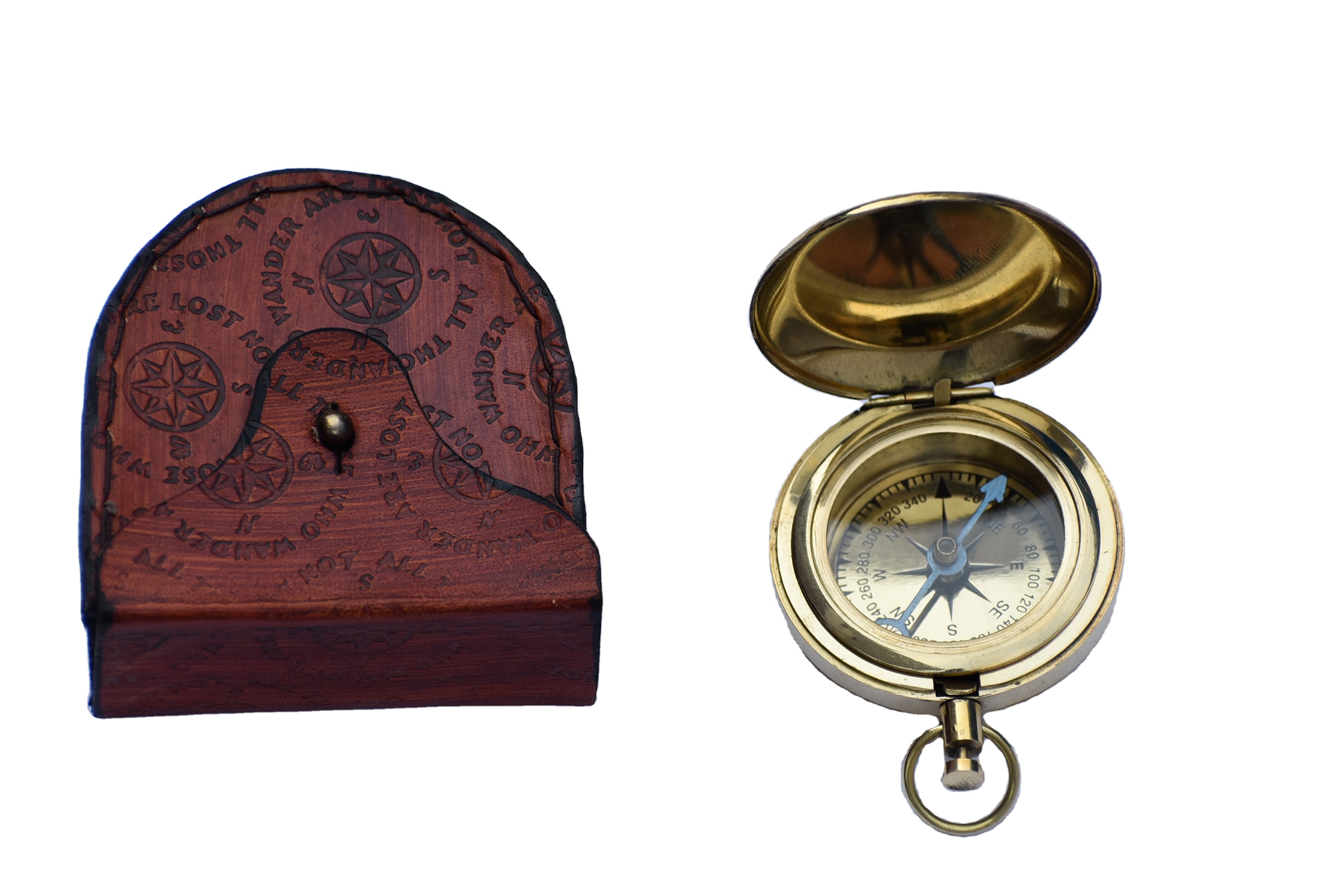 Vintage Style Brass Pocket Compass Push button Flat Compass w/Lid - Brown -Leather Box Brass Polished Gift Item
