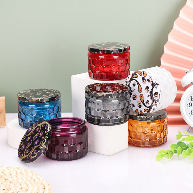 120ml 4oz Round Gold White Colored Rhombic Embossed Unique Glass Candle Jar with Metal Lid