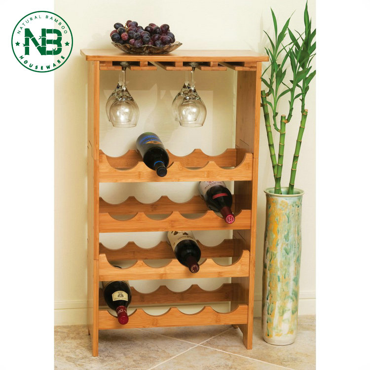 Wholesale 4 Tier Bottle Display Shelves Free Standing Wine Storage Bamboo Wine Rack with Wine Glass Drying Rack