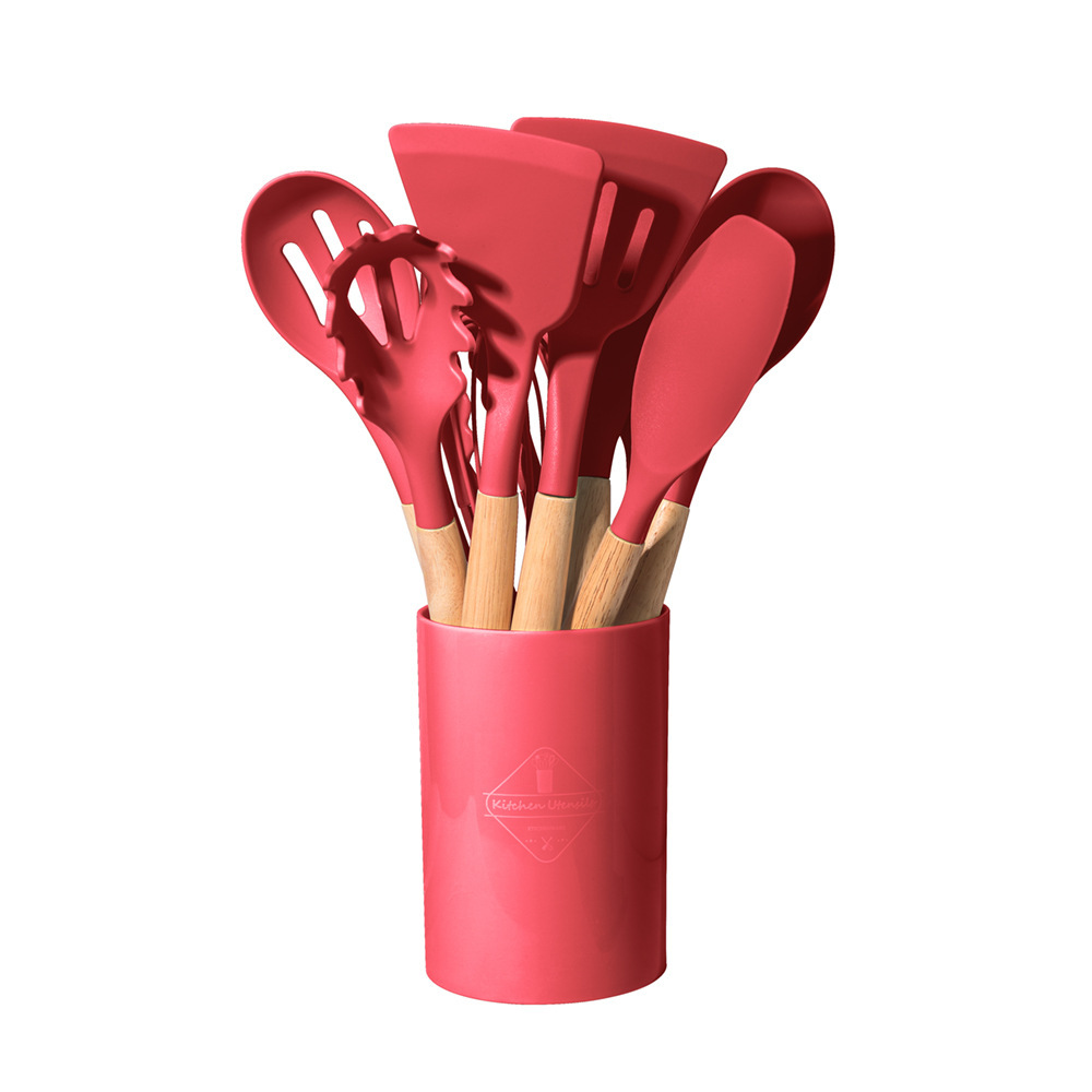 12 piece Kitchen Cooking Utensils Multi functional Silicone kitchenware set Wooden Handle spatula spoon food clip Leaky spoon