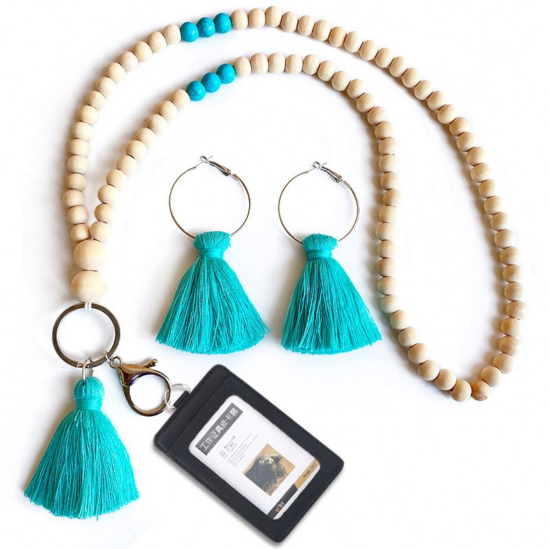Handmade Tassel Wooden Beads Necklace Id Lanyard Keychain Multifunctional Bohemian Hoop Earrings Hoop Earrings Necklace Set