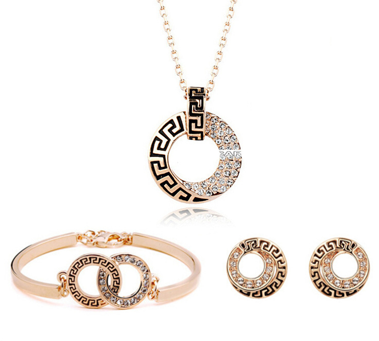 New Retro Crystal Double Ring Three-piece Set Women Gold Plated Jewelry Sets Wholesale