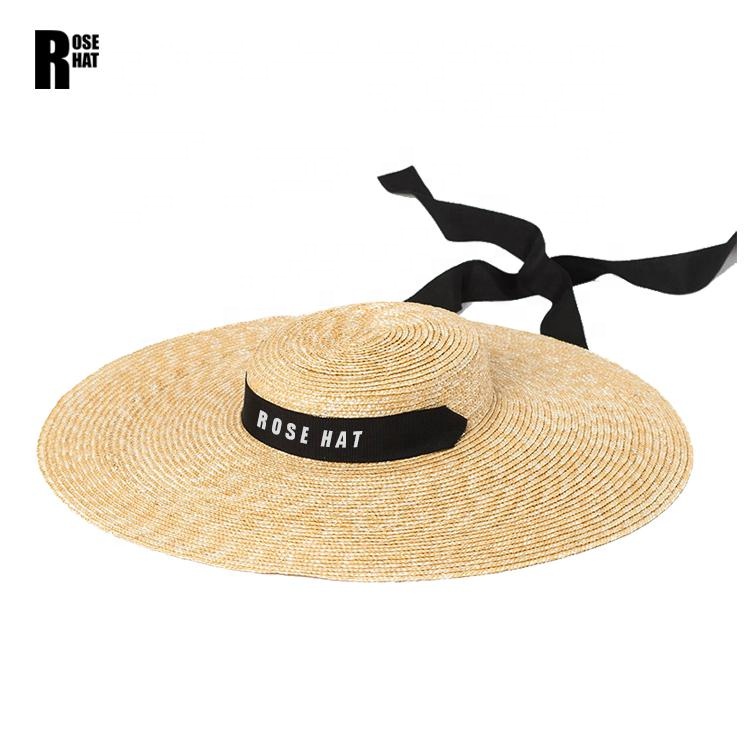 Women Ladies Vintage Straw Boater Hat Flat Top Wide Brim Floppy Derby Straw Hat Beach Sun Hats With Chin Strap