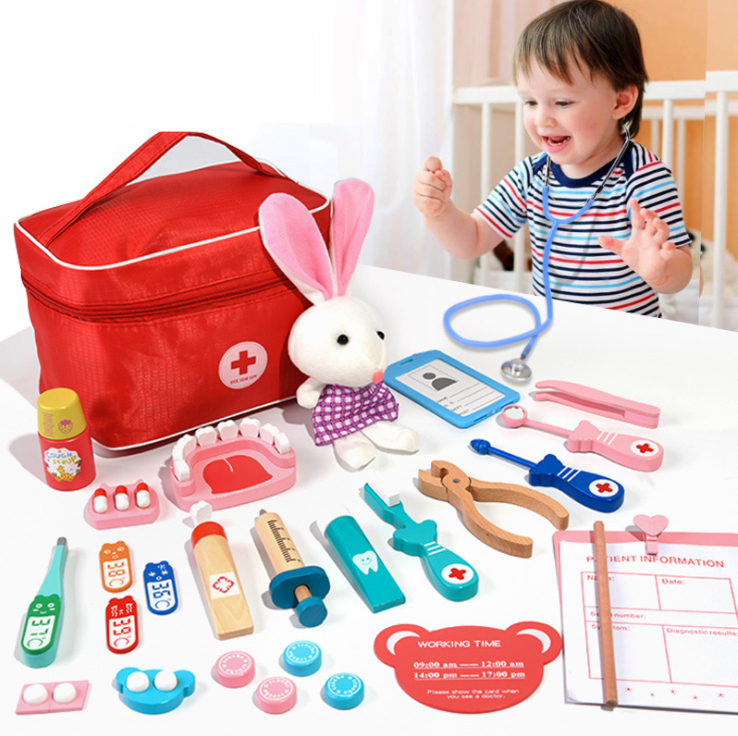 Pretend Doctor Kit For Kids Wooden Dentist Doctor Kit toy For Toddlers Realistic Education With Carry Bag