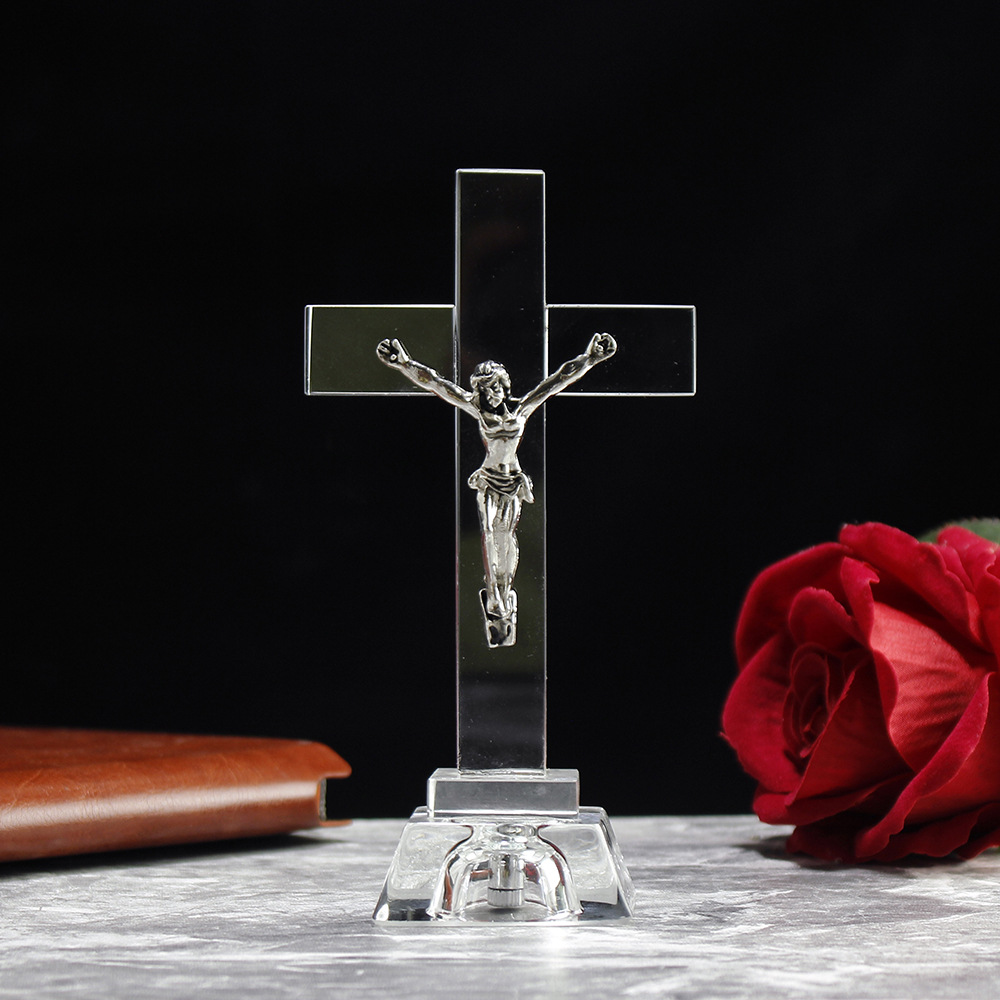 Custom Christ Church Prayer luminous crystal cross ornaments Jesus 3d laser crystal christian gift with led base