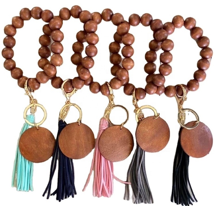 Amazon Hot Selling Wood Bead Bracelet Keychain Tassel Monogram Disc Pendant Key Ring Women Wrist Keychain