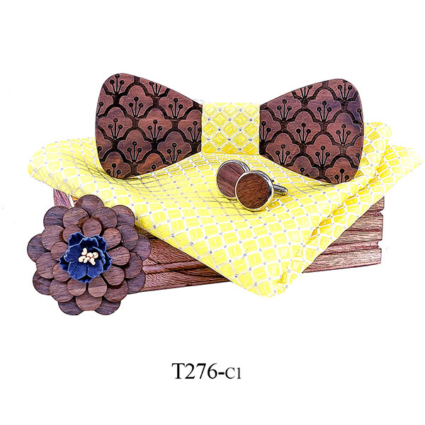 Wood Bow Tie Handkerchief Cufflinks Set for Men Gift Wooden Bow Tie Bowknots for Wedding Party Ties Pocket Square Hanky Cravat