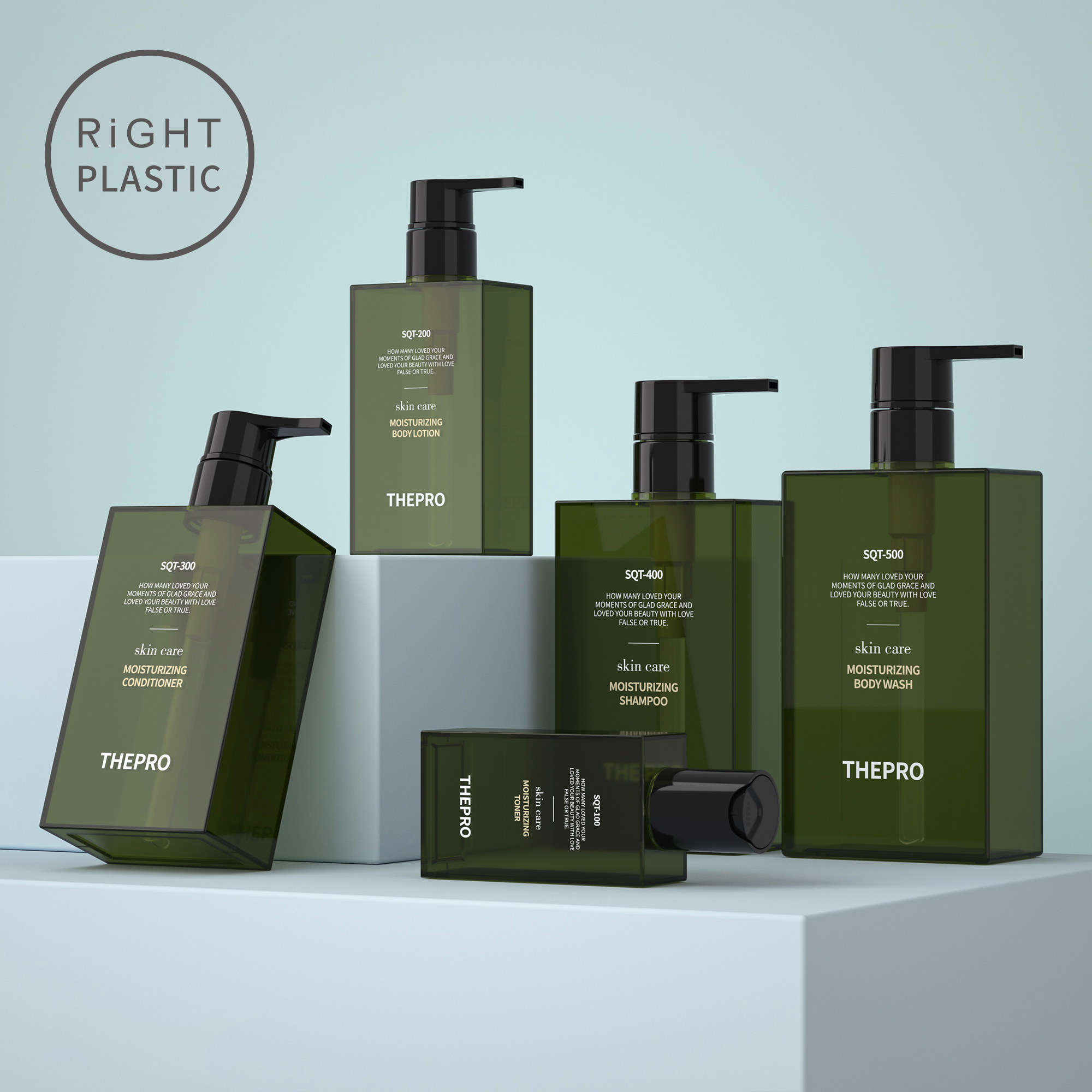 PETG Square plastic Cosmetic Packaging 100ml 300ml 500ml Body Wash Shampoo Lotion Essential Oil Green Black bottles Container