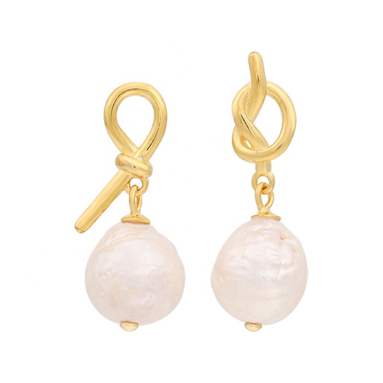 Korean Design Fashion Personalized Jewelry 18k Gold Plated 925 Sterling Silver Asymmetrical Baroque Pearl Sailor Knot Earrings