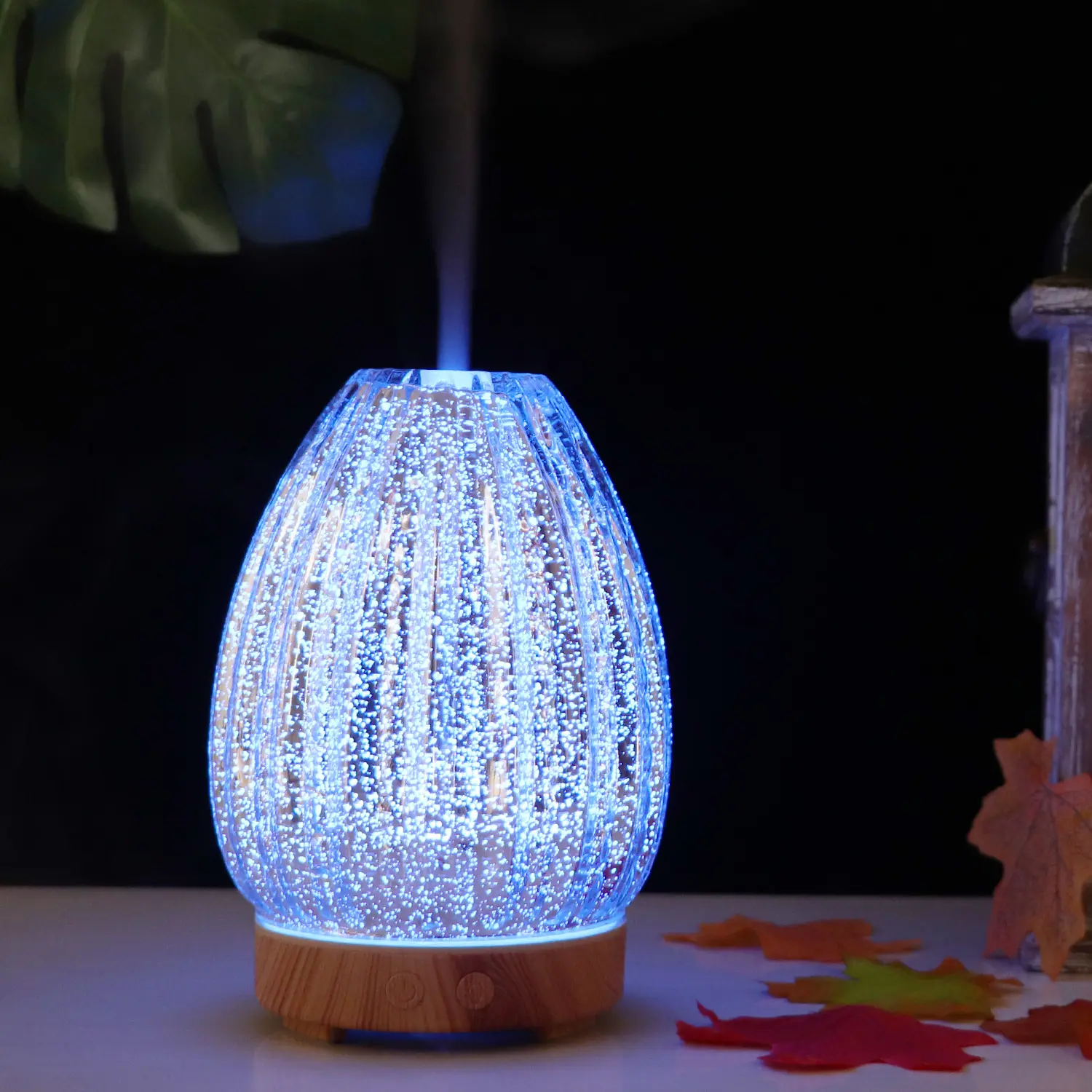 Flower Bud-Shaped 3D Glass Aroma Diffuser Colorful Lights Vase Humidifier Creative Household Egg-Shaped Essential Oil Diffuser