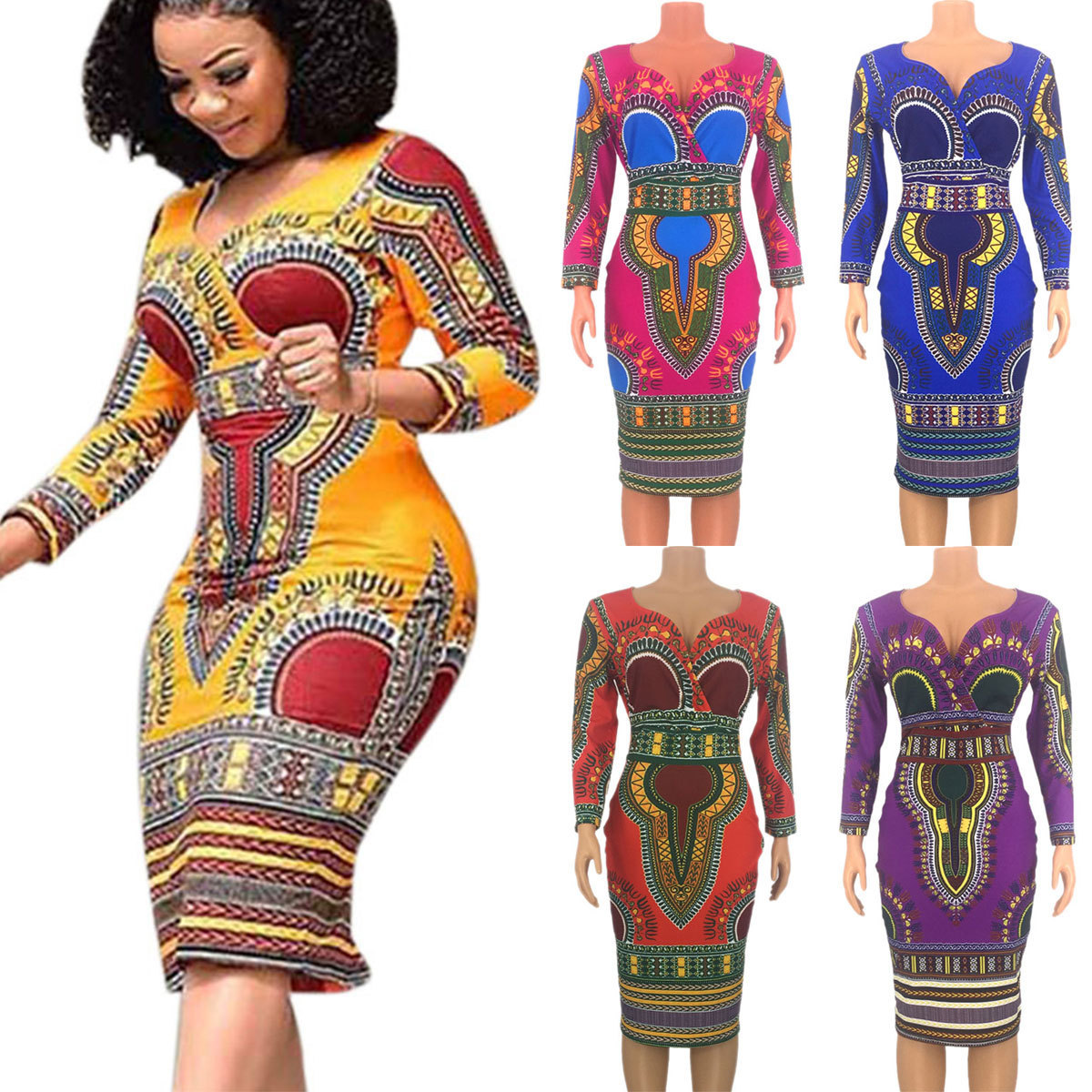2021 Ethnic Style Printed Women V-neck Three Quarter Sleeve Dress Sexy Bodycon Package Hip Middle-skirt