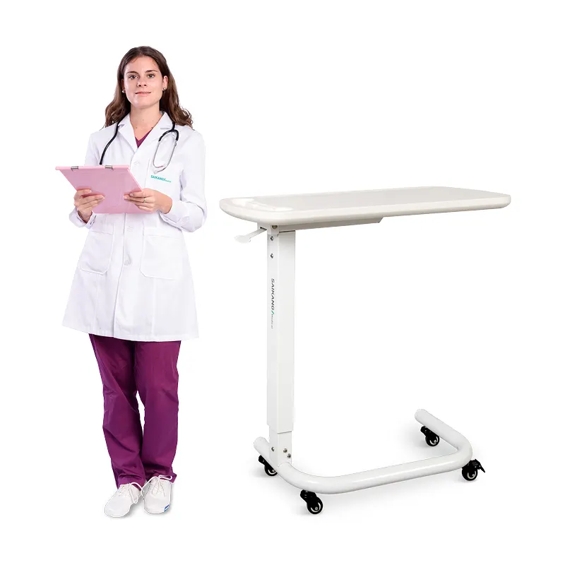SKH046-14 Factory Hospital Romm Furniture Movable Wooden Medical Service OverBed Table with Casters