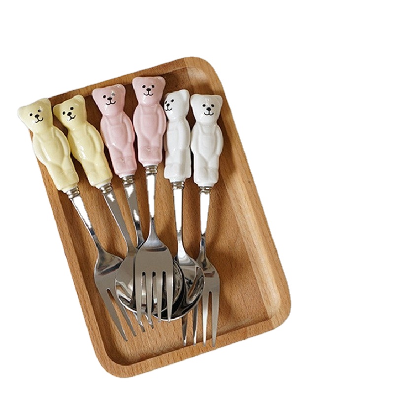 Korean Cute Bear Spoon Fork Ceramic Dessert Spoons Dinnerware Cutleries Cartoon Spoon Fork Butter Kinfe Set