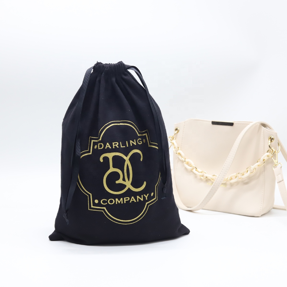 Custom Gold Logo Cotton Flannel Drawstring Shopping Bag Flannel Purs Dust Gift Packaging Pouch Bag