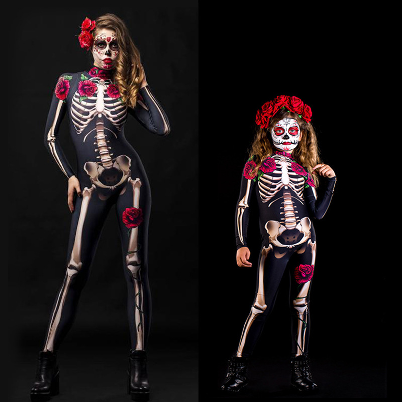 F22104A 2021 Halloween Jumpsuits Skeleton Rose Jumpsuit Cosplay Clothing for Children and Adults
