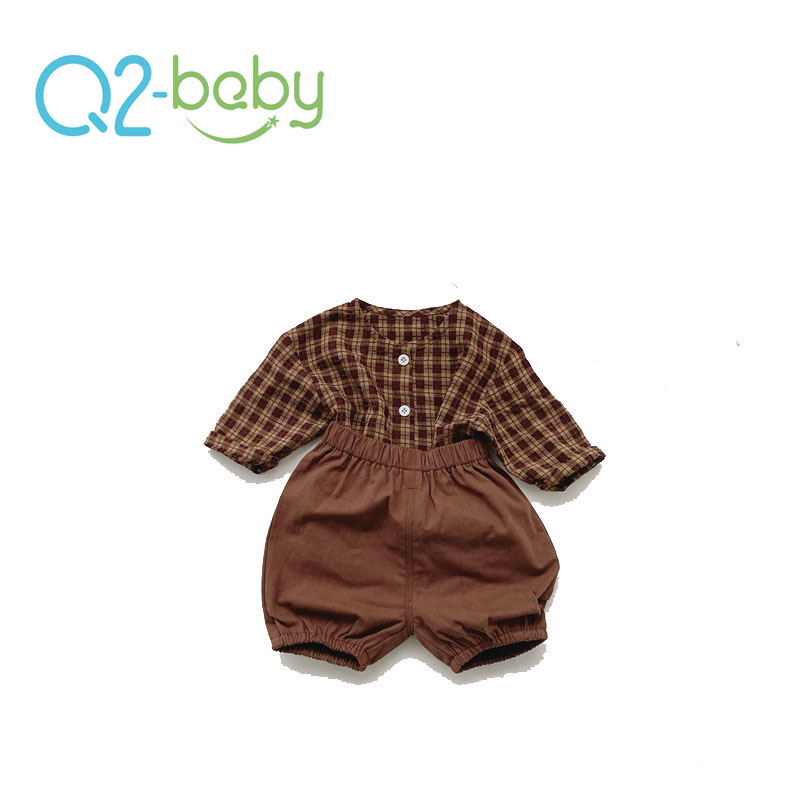 Q2-baby 5052 для детей ясельного возраста, рубашка в клетку и шорты комплект из 2 предметов, одежда на каждый день, комплект одежды для маленьких мальчиков и девочек, обновление новостей детской одежды на весну и осень, костюм