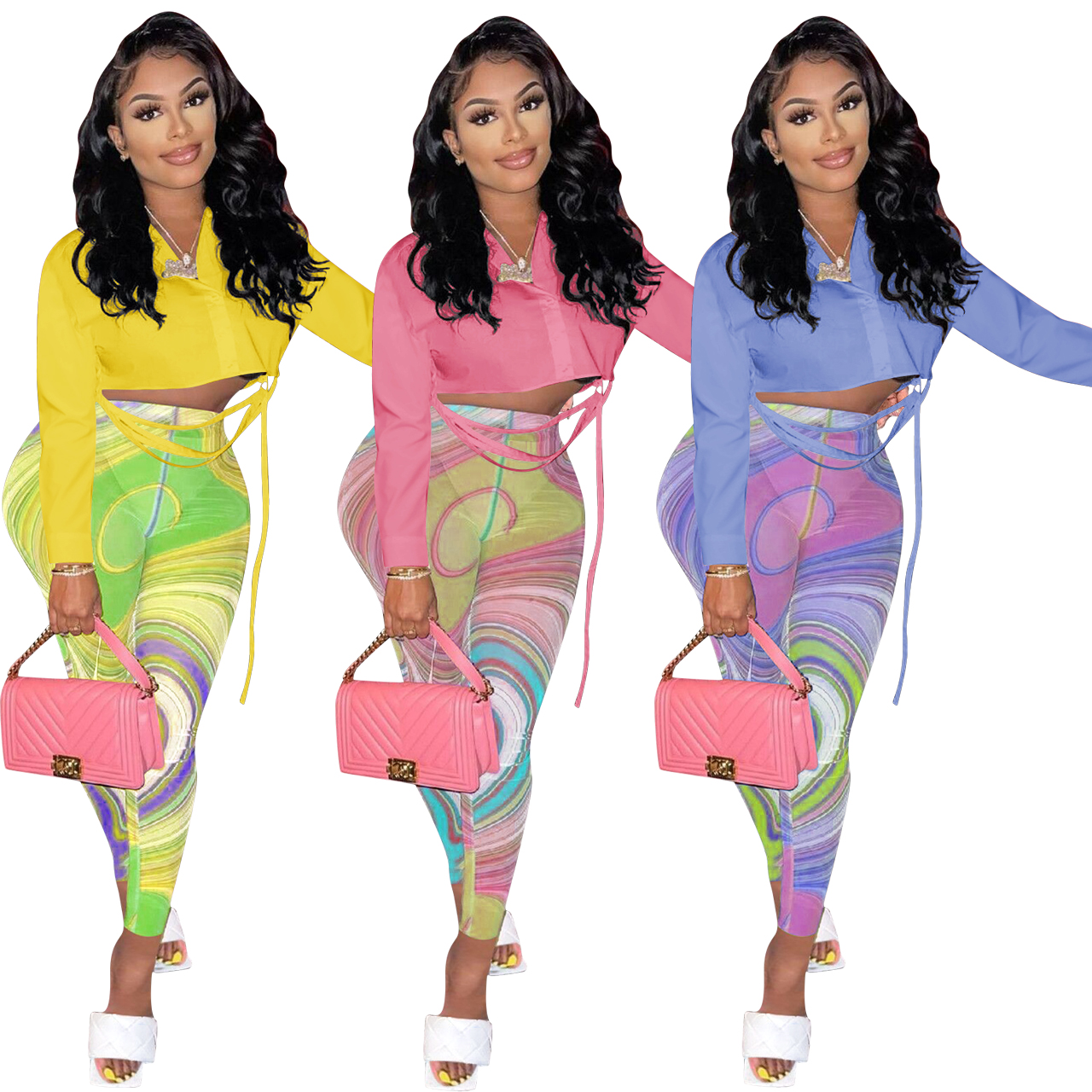 Yoyolemon 2021 new arrival solid color long sleeve shirt and mesh printed trousers two-piece set for women