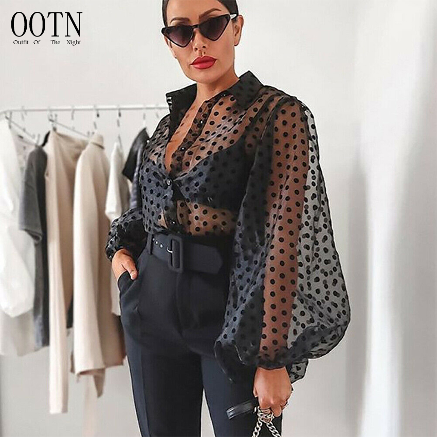 OOTN Vogue Прозрачное нижнее белье свободные кнопка с пышными рукавами Блузка Высокая уличная женская обувь с узором в горошек, в стиле ретро блузка, для девушек на раннюю осень современный сетка S