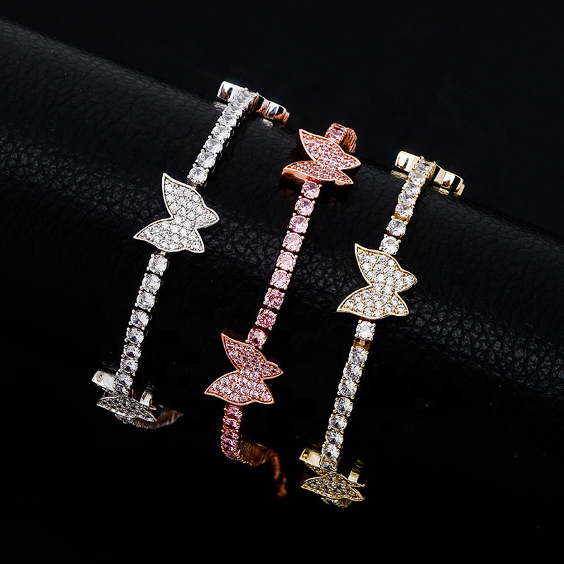 New Hip Hop 18K Gold Plated 3mm Butterfly Chain Anklet Iced Out Cz Tennis Chain Anklet Fashion Thin Anklet for Women's Gift