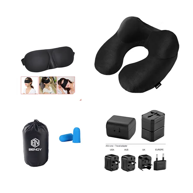 Hot sale Amazon new customized travel adapter eye mask Inflatable airplane travel neck Pillow kit set