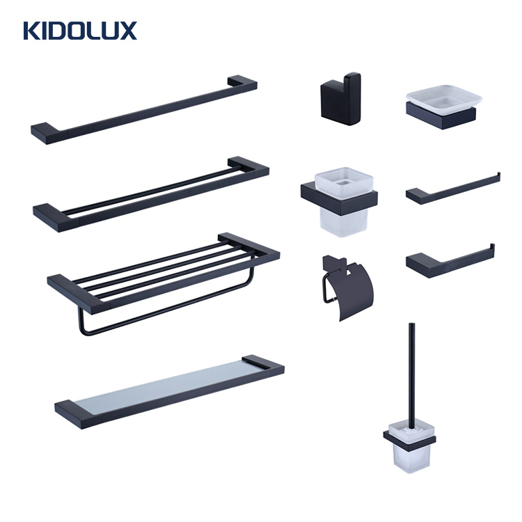 High Quality Wall Mounted Hardware Set Matte Black Pcs Towel Holder Racks Bar Shelf Stainless Steel Bathroom Accessories Set
