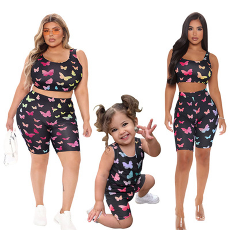 Summer Butterfly Printed Two Piece Family Mommie Mother And Daughter Matching Outfits Casual Set