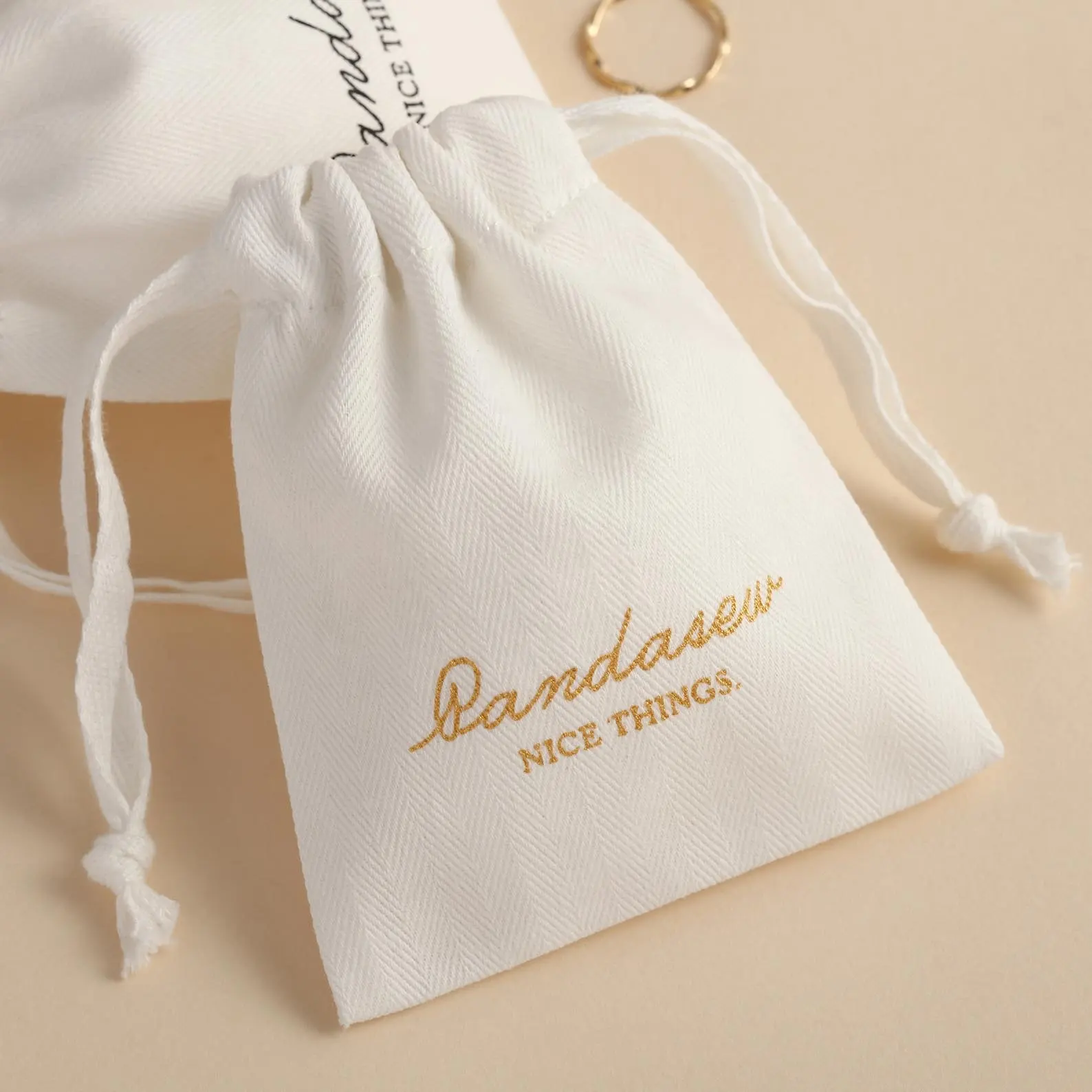 PandaSew Custom Logo High Quality White Herringbone Cotton Drawstring Packaging Bag Jewelry Gift Pouch