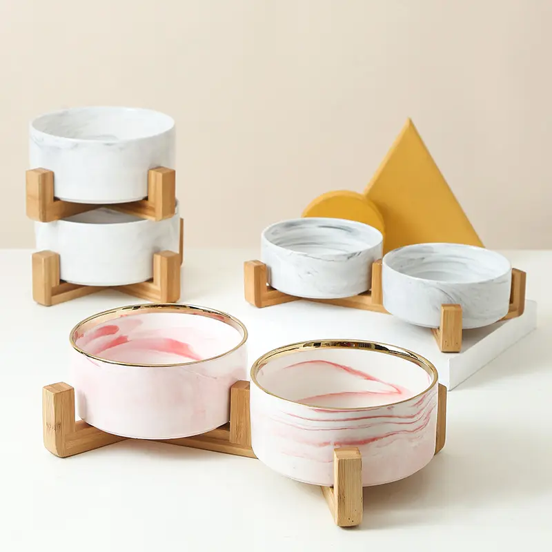 Durable Ceramic Round Pet Feeder Insulated Marble Pet Cat Ceramic Dog Bowls