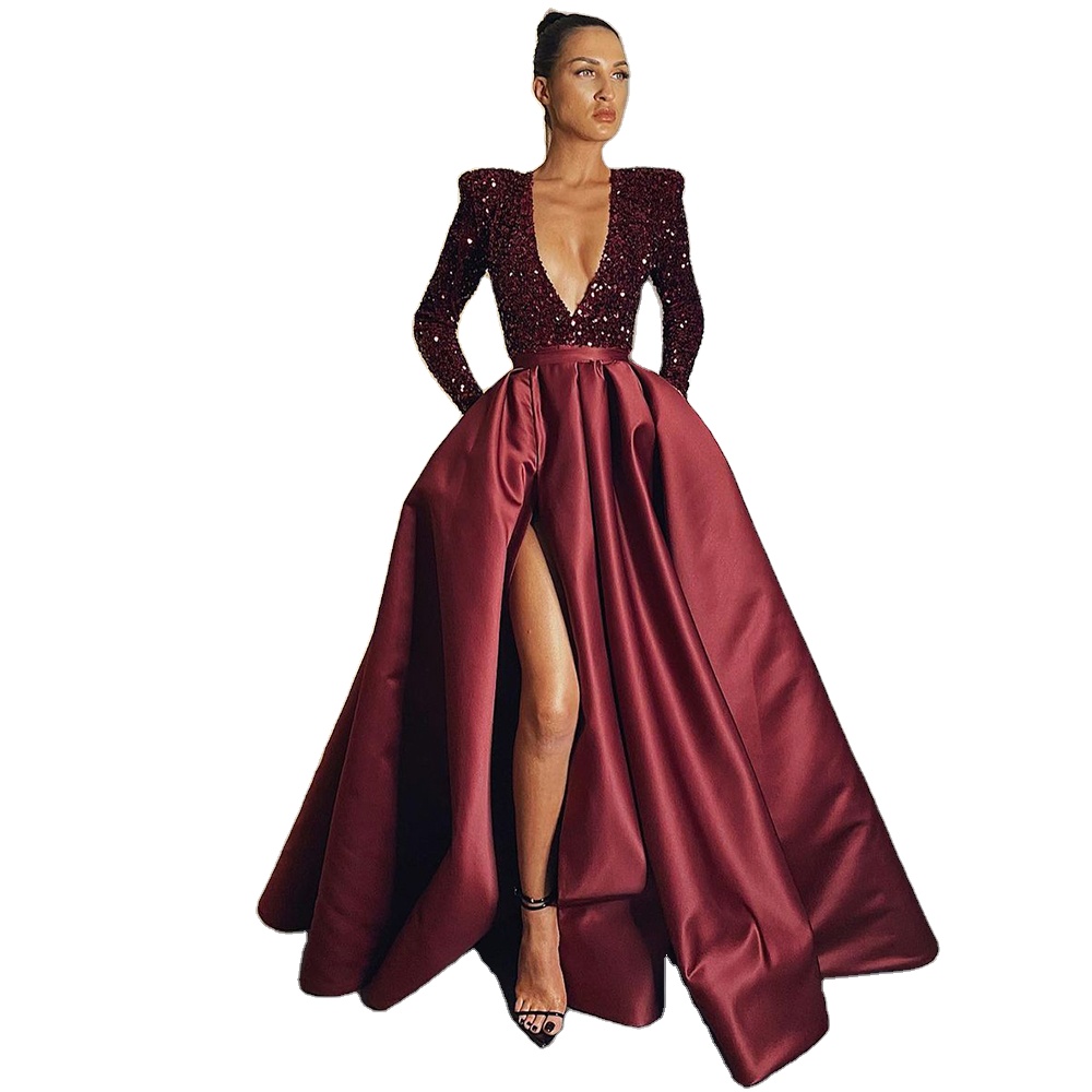 Wine Red V Neck A Line High Split Evening Gowns 2021 Serene Hill LA71062 Sequined Long Sleeves Mikaduo Party Dresses For Women