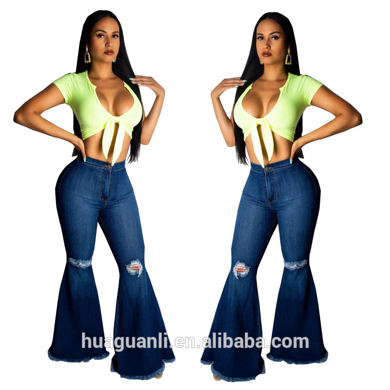 HSF2024 2019 New Design Ripped Knee Detail Blue Flared Jeans
