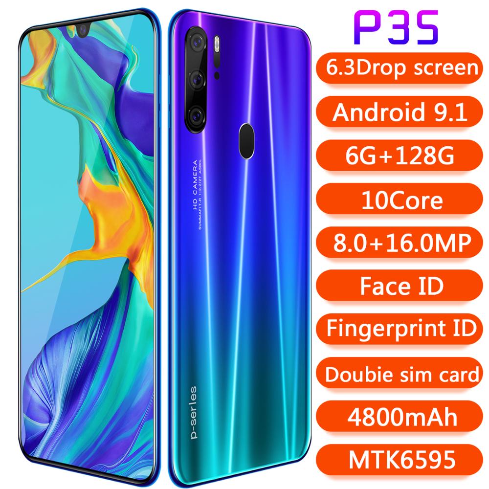 6,3 дюймов Глобальный SuperCharge разблокирован, как P35 Pro дизайн, смартфон, четыре ядра 6 ГБ + 128G мобильный телефон Android сотовый телефон