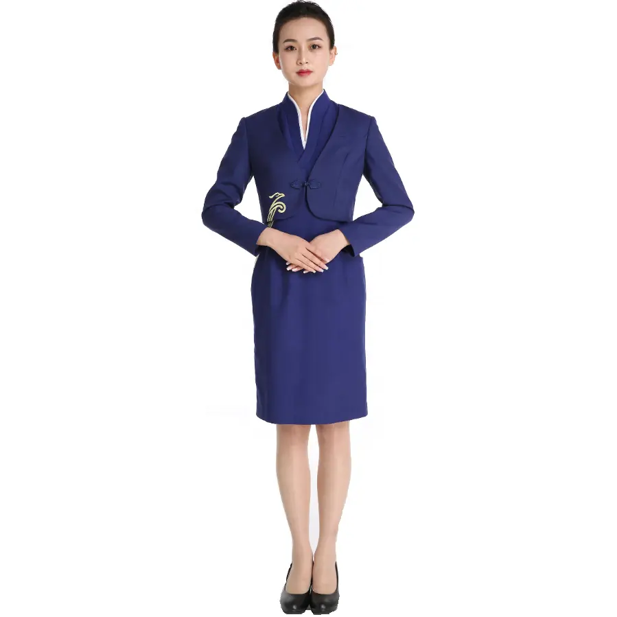 Embroidery logo two pieces navy blue air stewardess hot sexy costume