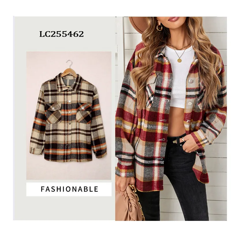 Wholesale Clothing Button Up Pocketed Fashion Plaid Flannel Shirts For Women