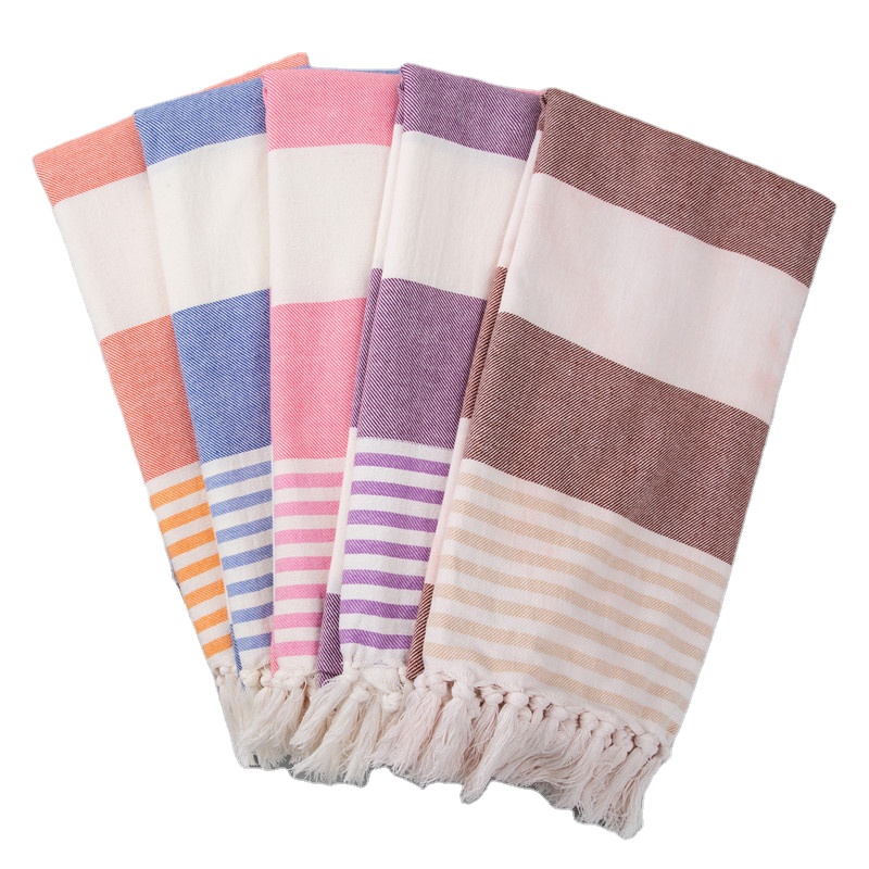 wholesale custom stylish traditional 100% cotton striped design tassels hamam bath fouta towel peshtema turkish beach towels