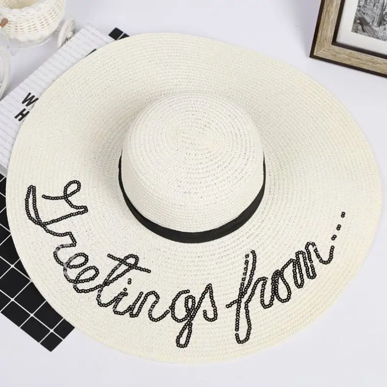 Oem Custom Wholesale Sun Paper 3D Embroider Logo Straw Summer Hat For Beach,Large Brim Floppy Hats En'an-066