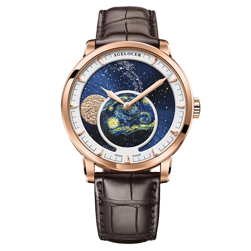 AGELOCER новые механические часы Moon Phase часы мужские запас мощности 80 часов Ван Гог роскошные часы Мужские автоматические часы 6401A1