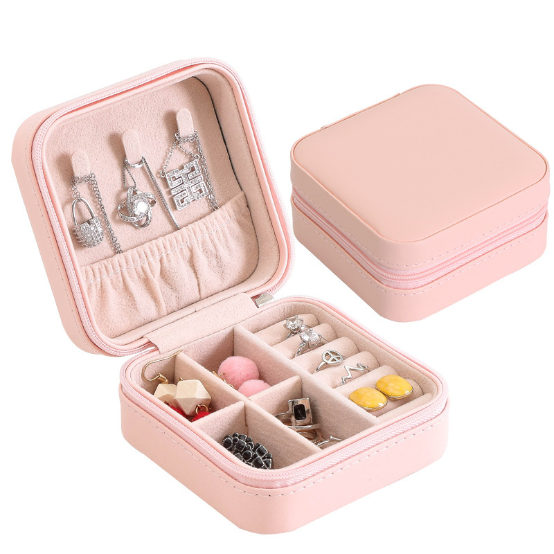 Hot sale PU Leather Small Travel Jewelry Box for Lady Organizer Display Storage Case for Rings Earrings Necklace Zipper Closure