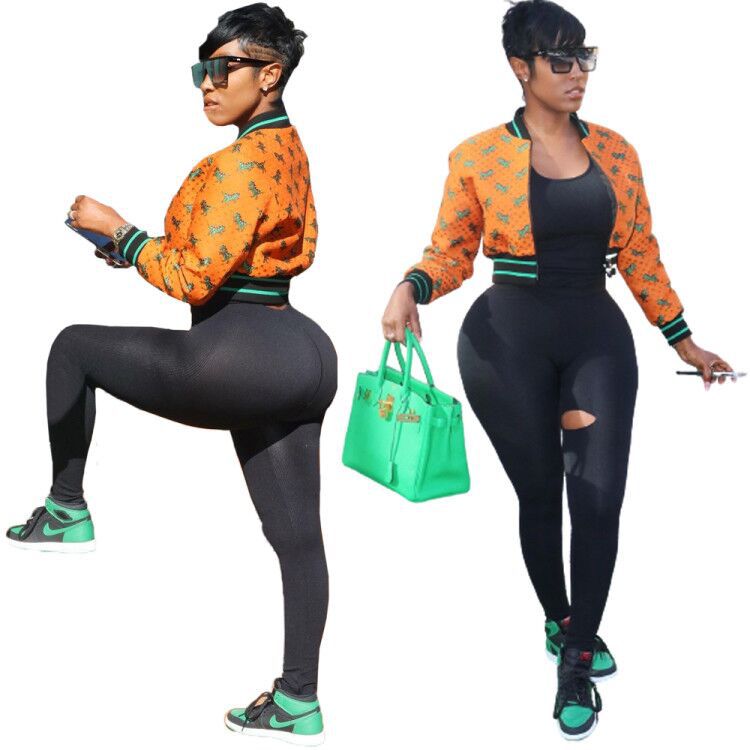 Casual party vintage orange print bomber jacket women